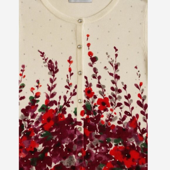 C.D. Daniels Cardigan Sweater Women’s 2X Floral Rhinestone Cream Red Burgundy - Picture 3 of 5